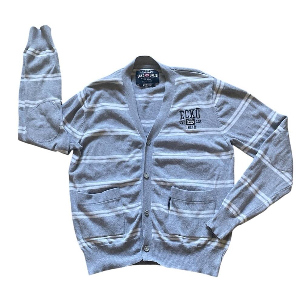 ECKO UNLTD Mens/Teen Gray and White Varsity Cardigan Medium Varsity Academia